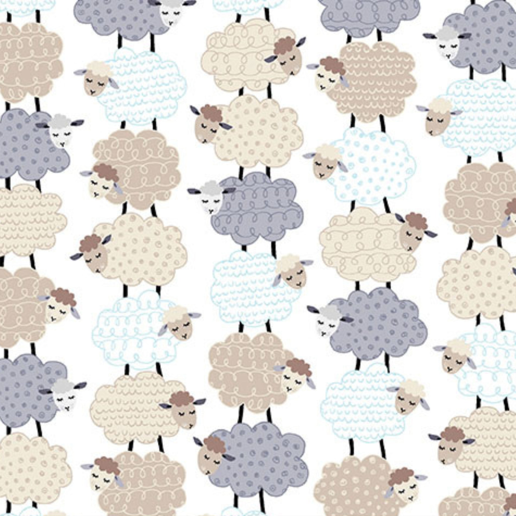 Fluffy stacked taupe grey blue sheep varied wool textures white fabric for baby quilts nursery décor and patchwork sewing projects