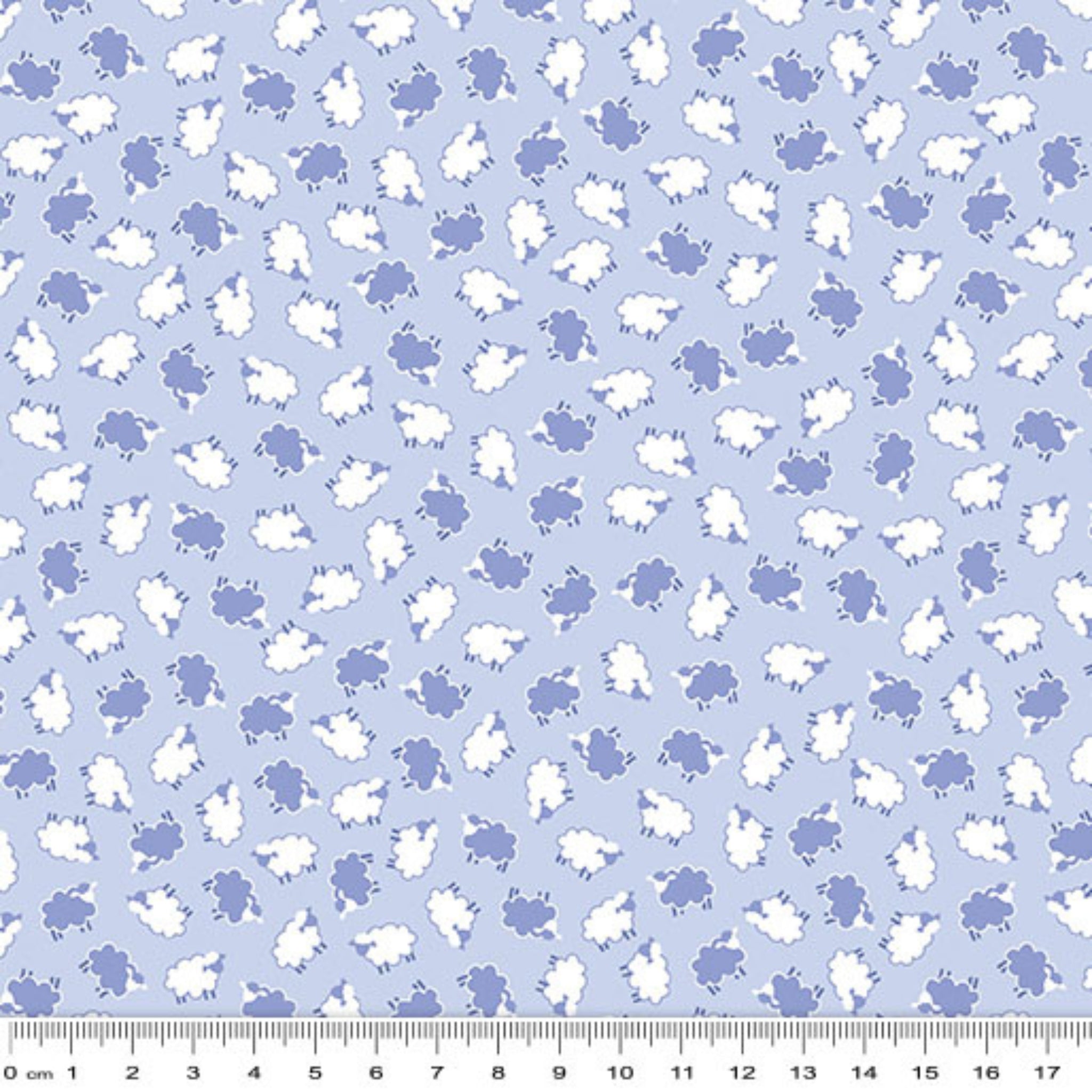 Tiny tossed white periwinkle blue sheep soft blue fabric for baby quilts nursery décor and patchwork sewing projects