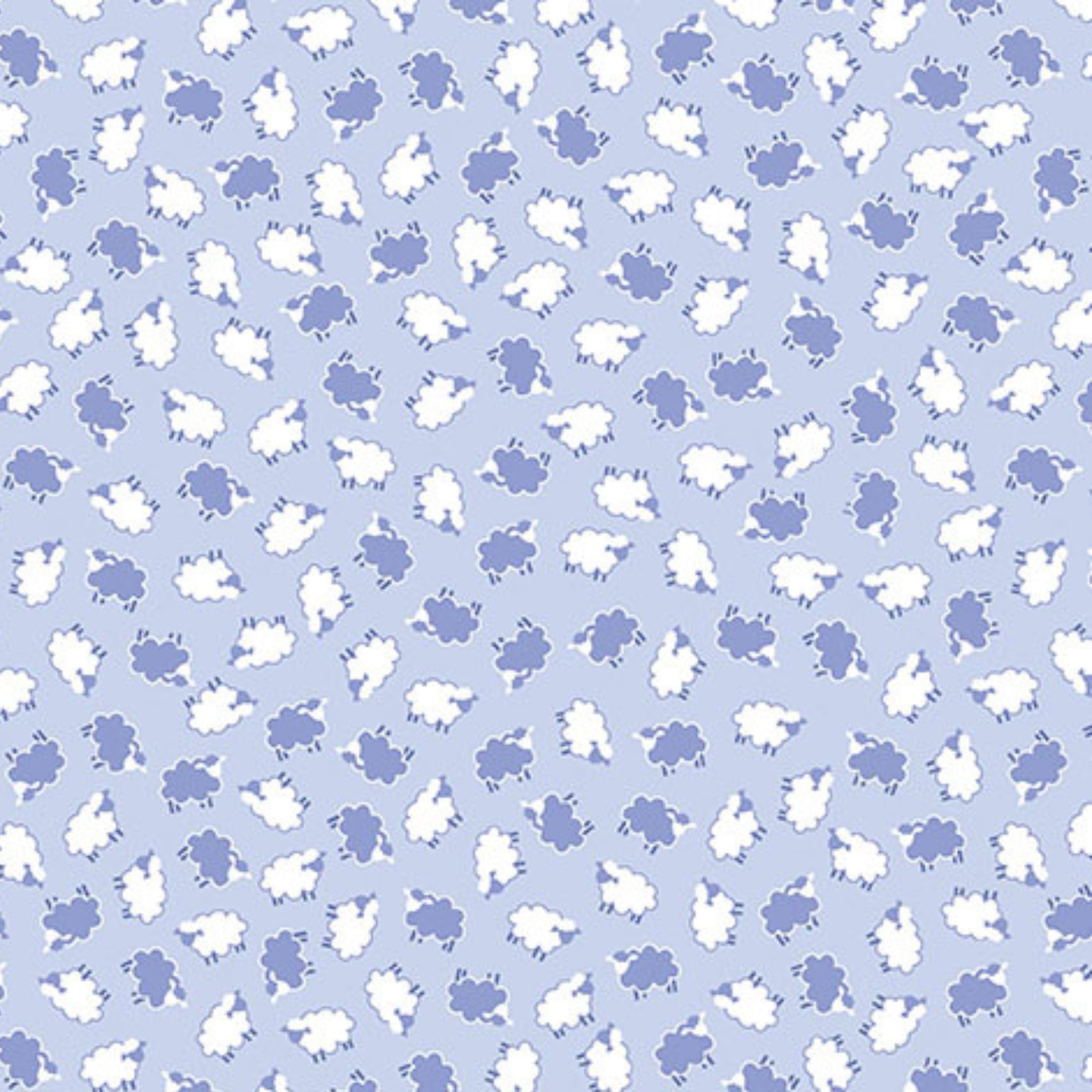 Tiny tossed white periwinkle blue sheep soft blue fabric for baby quilts nursery décor and patchwork sewing projects