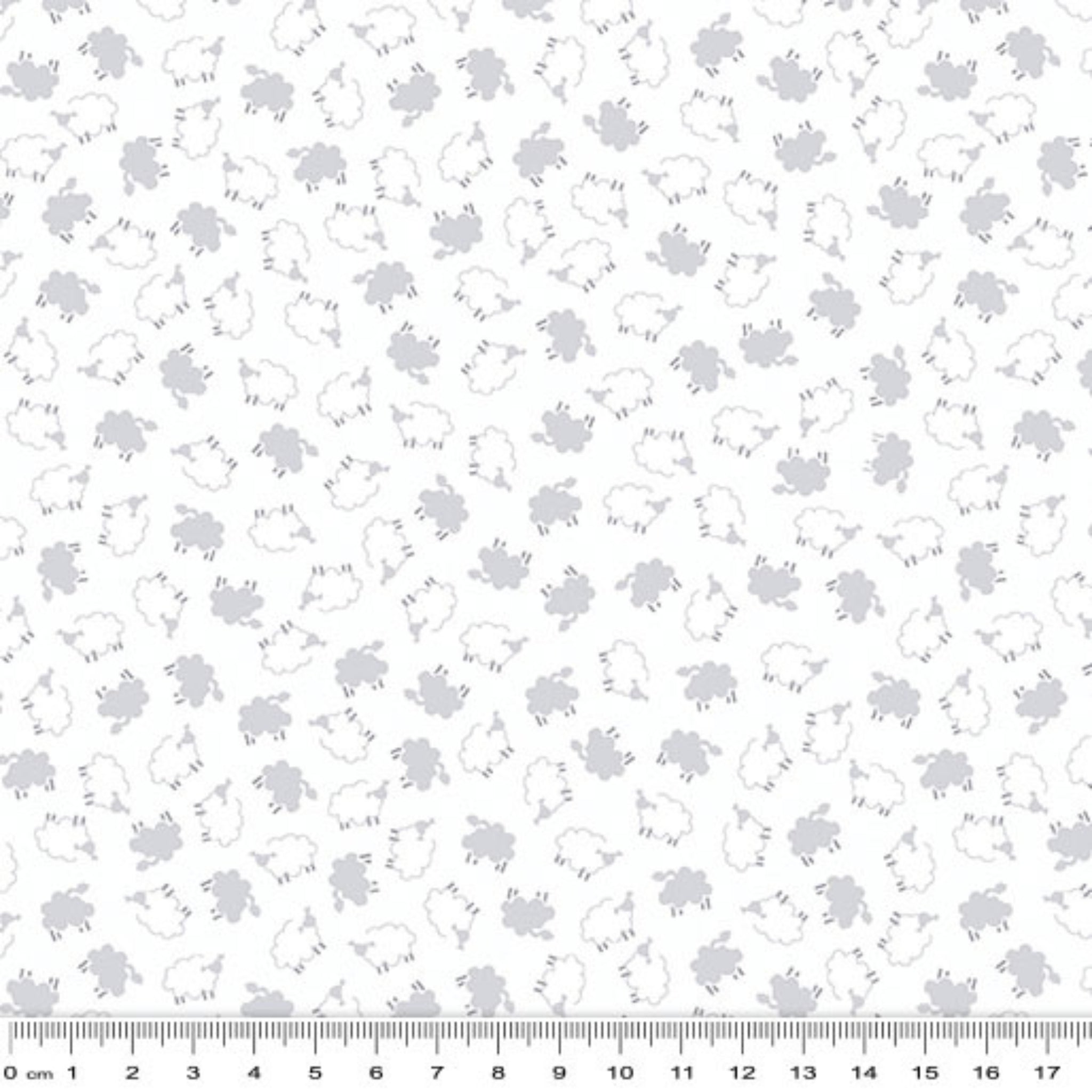 Tiny tossed white grey sheep crisp white fabric for baby quilts nursery décor and patchwork sewing projects