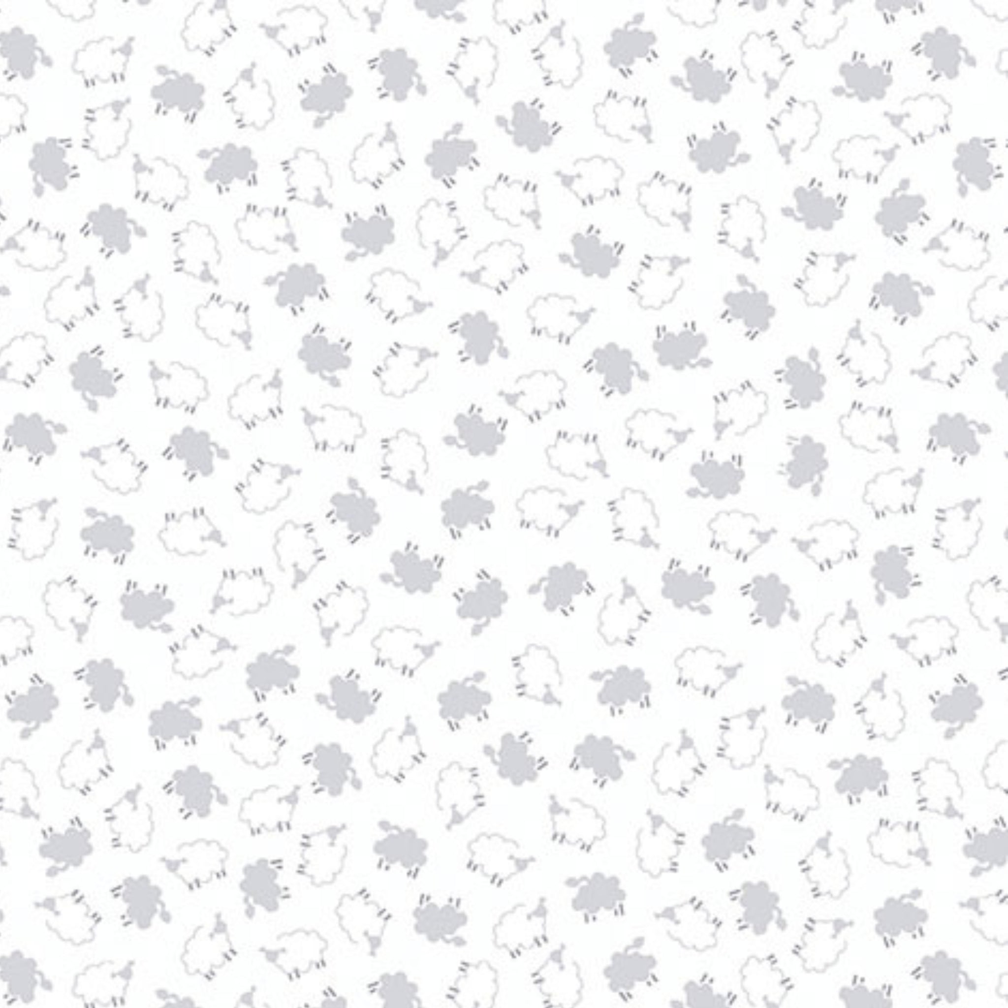 Tiny tossed white grey sheep crisp white fabric for baby quilts nursery décor and patchwork sewing projects