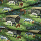 Realistic white black chestnut grey horses grazing rolling green meadows covered timber bridge rocky stream scenic quilting fabric horse lovers equestrians quilts cushions
