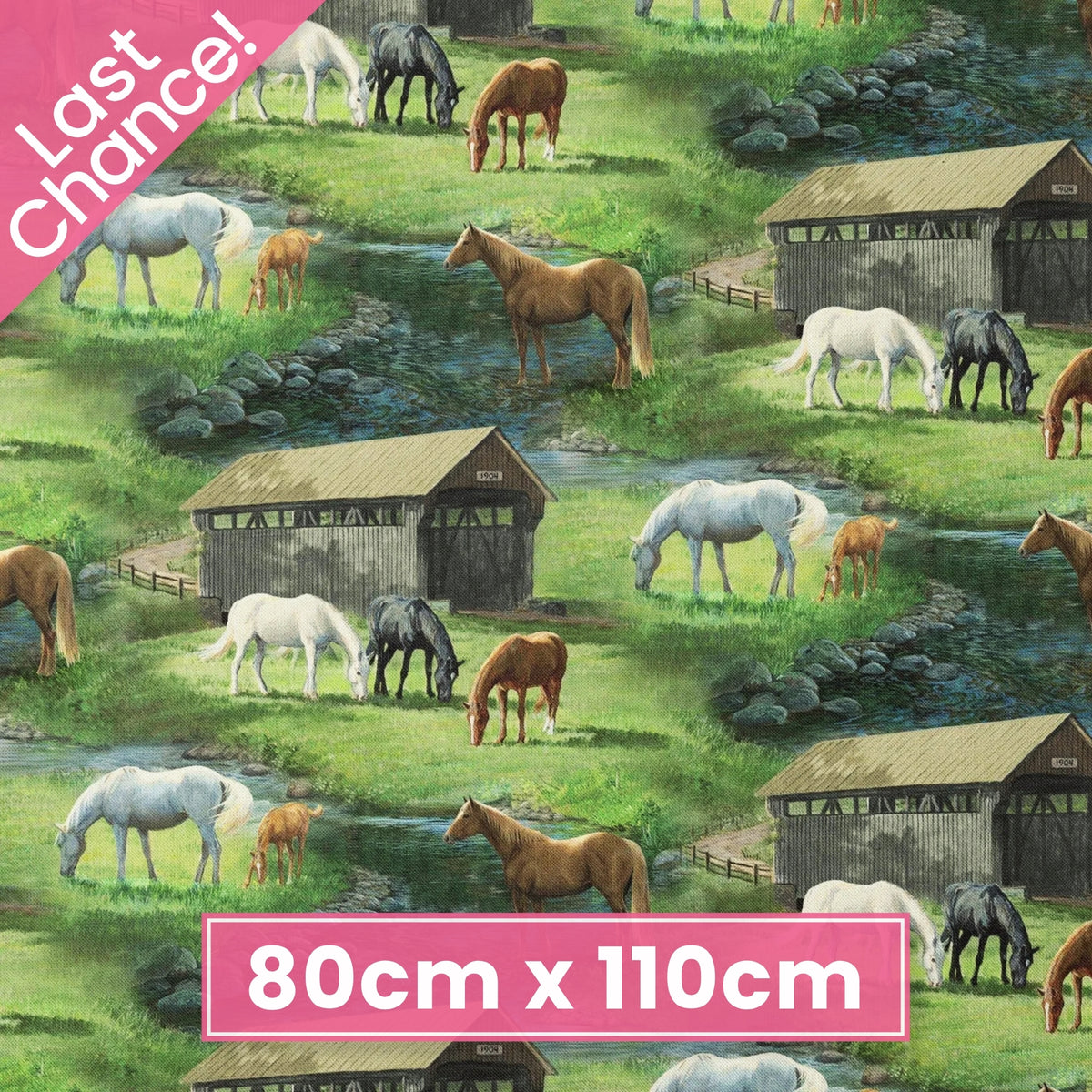 Realistic white black chestnut grey horses grazing rolling green meadows covered timber bridge rocky stream scenic quilting fabric horse lovers equestrians quilts cushions