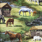 Realistic white black chestnut grey horses grazing rolling green meadows covered timber bridge rocky stream scenic quilting fabric horse lovers equestrians quilts cushions