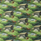 Realistic white black chestnut grey horses grazing rolling green meadows covered timber bridge rocky stream scenic quilting fabric horse lovers equestrians quilts cushions