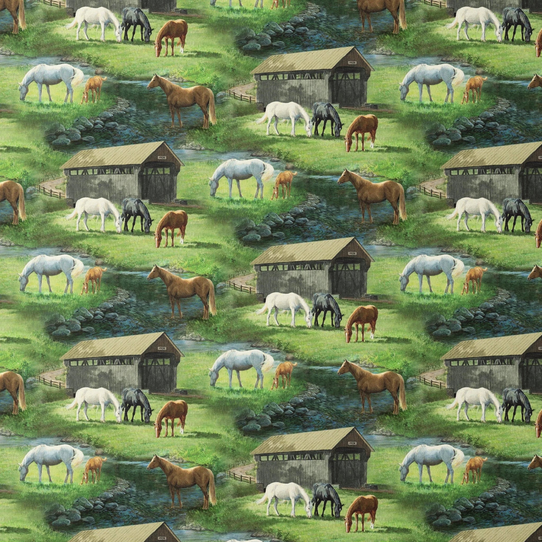 Realistic white black chestnut grey horses grazing rolling green meadows covered timber bridge rocky stream scenic quilting fabric horse lovers equestrians quilts cushions