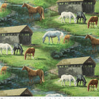 Realistic white black chestnut grey horses grazing rolling green meadows covered timber bridge rocky stream scenic quilting fabric horse lovers equestrians quilts cushions