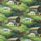 Realistic white black chestnut grey horses grazing rolling green meadows covered timber bridge rocky stream scenic quilting fabric horse lovers equestrians quilts cushions