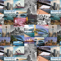 Sydney landmarks fabric Opera House Harbour Bridge city skyline collage fabric for tote bags wall hangings and Australian-themed projects