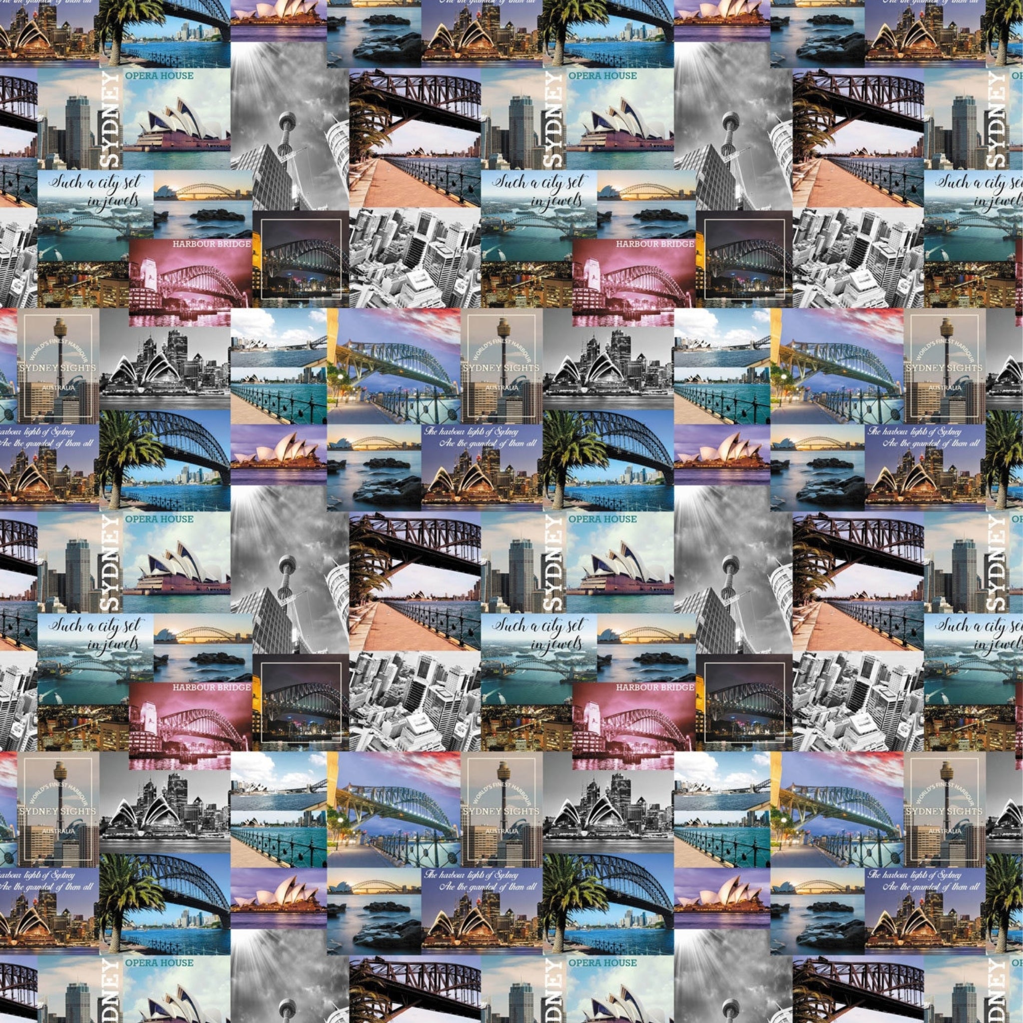 Sydney landmarks fabric Opera House Harbour Bridge city skyline collage fabric for tote bags wall hangings and Australian-themed projects