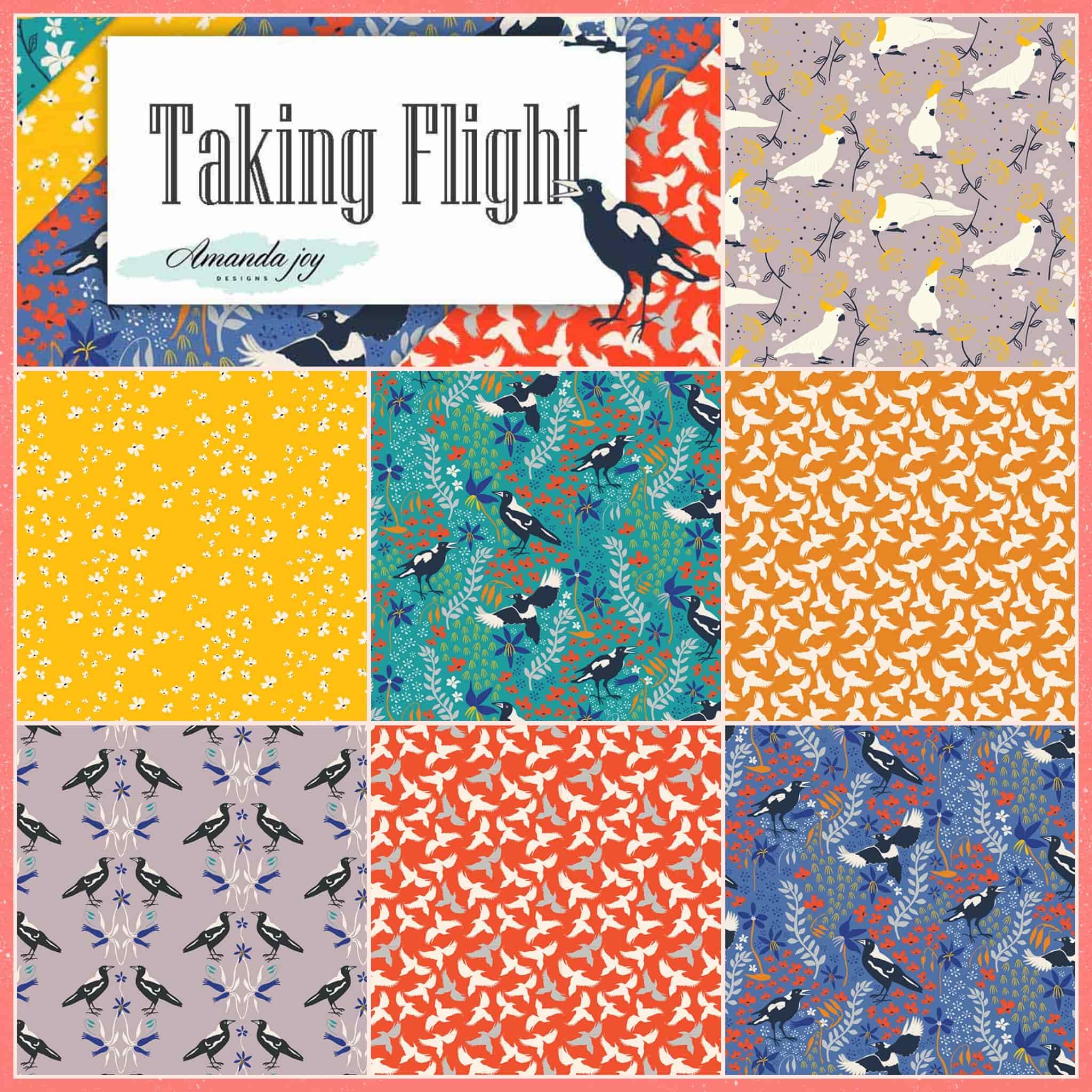 Taking Flight fabric bundle 7 fat quarters magpie bird floral botanical cotton quilting patchwork FQ collection