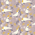 Cockatoo fabric close-up white sulphur crested bird yellow flower taupe cotton for Australiana quilting patchwork