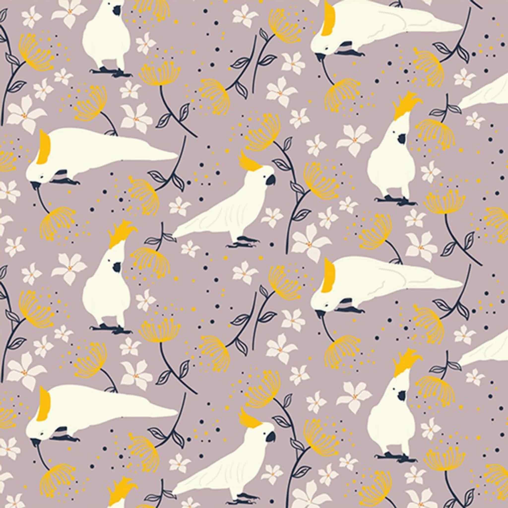 Cockatoo fabric close-up white sulphur crested bird yellow flower taupe cotton for Australiana quilting patchwork