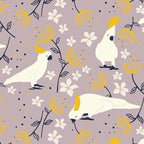 Cockatoo fabric close-up white sulphur crested bird yellow flower taupe cotton for Australiana quilting patchwork