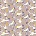 Cockatoo fabric taupe background white sulphur crested bird yellow floral print cotton for Australiana quilting