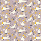 Cockatoo fabric taupe background white sulphur crested bird yellow floral print cotton for Australiana quilting