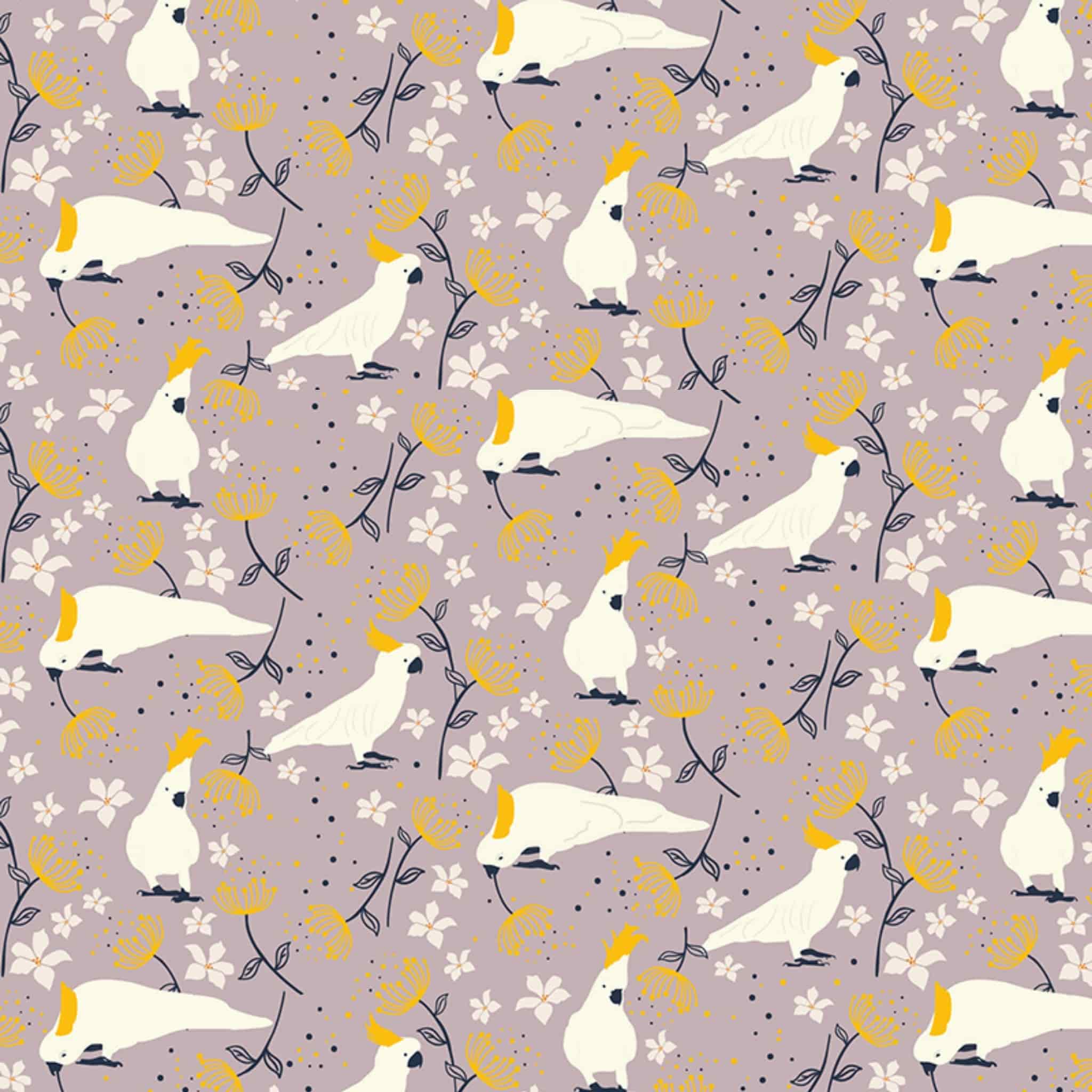 Cockatoo fabric taupe background white sulphur crested bird yellow floral print cotton for Australiana quilting