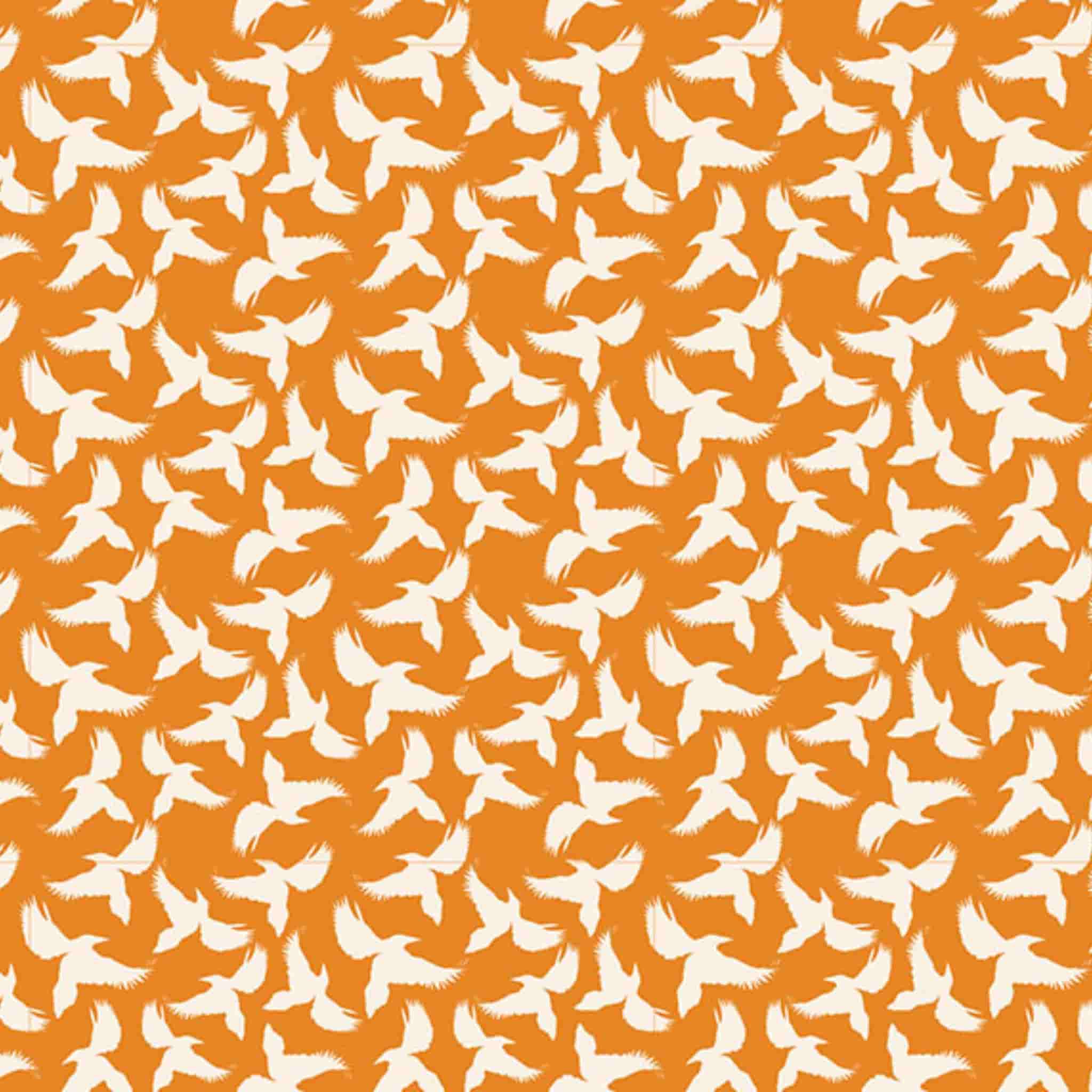 Flying bird fabric close-up magpie silhouette flock orange cotton for Australiana quilting patchwork material