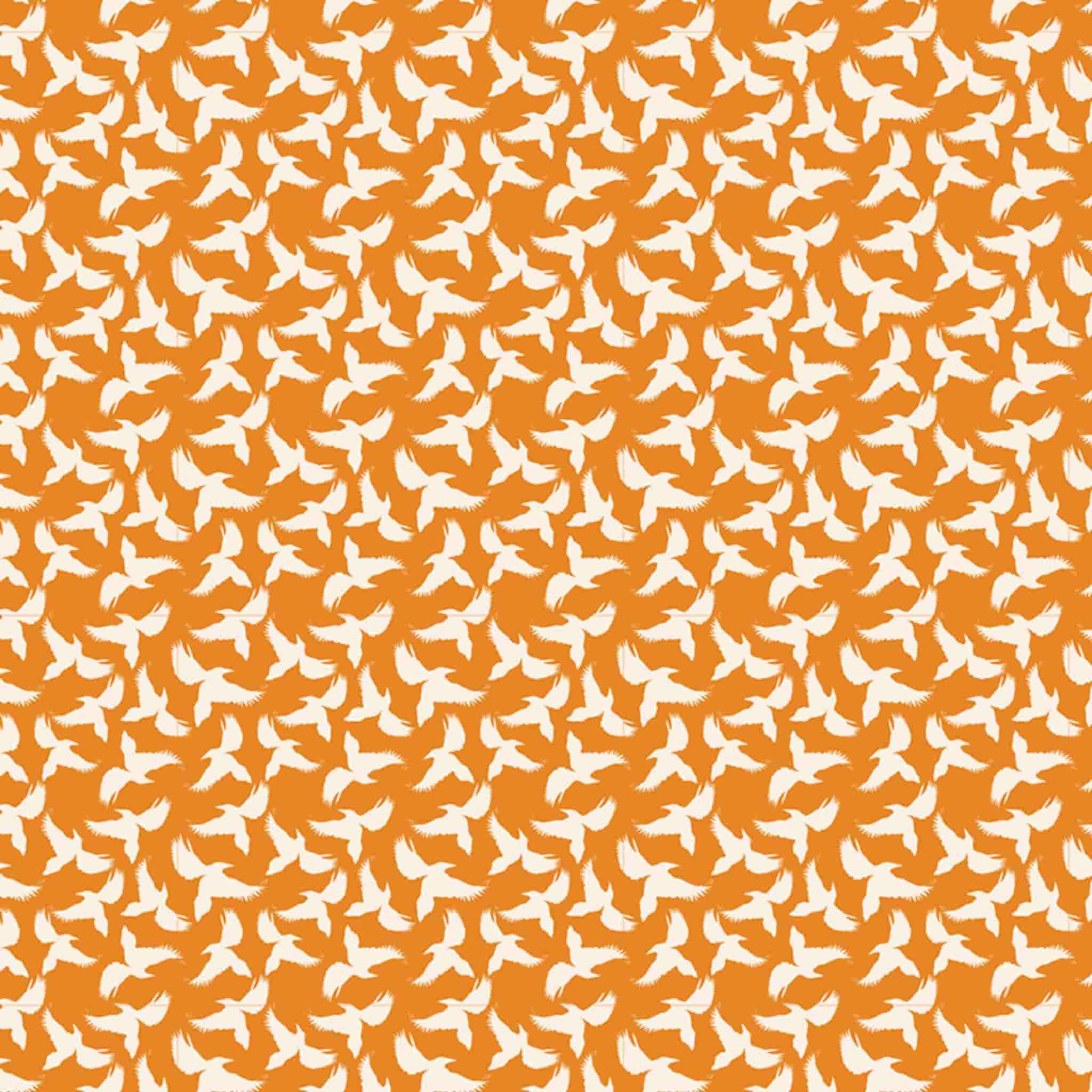 Flying bird fabric orange background magpie silhouette flock print cotton for Australiana quilting patchwork projects