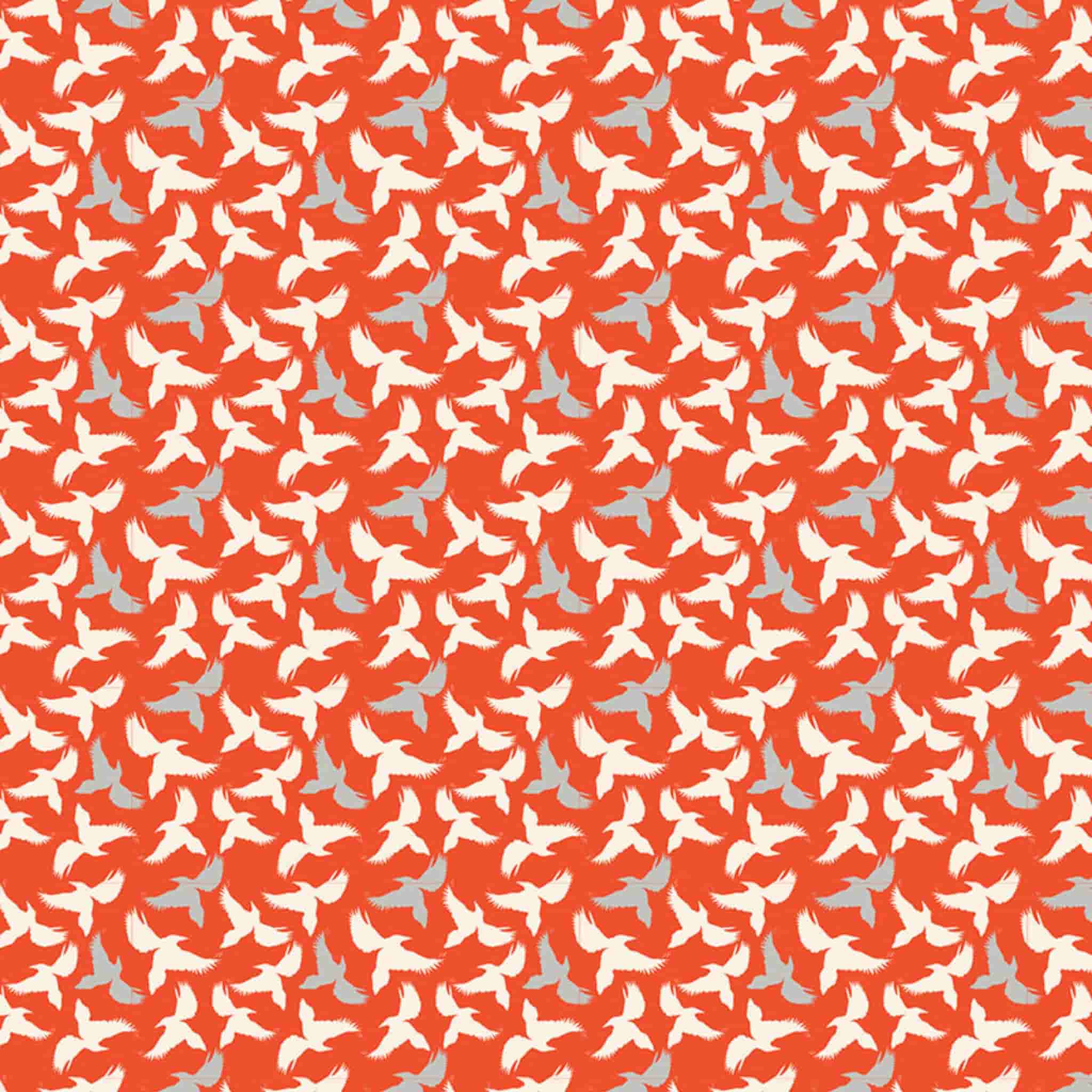 Flying bird fabric red background magpie silhouette flock print cotton for Australiana quilting patchwork projects