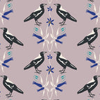 Magpie fabric detail Australiana native bird mirror symmetrical floral taupe cotton quilting patchwork material