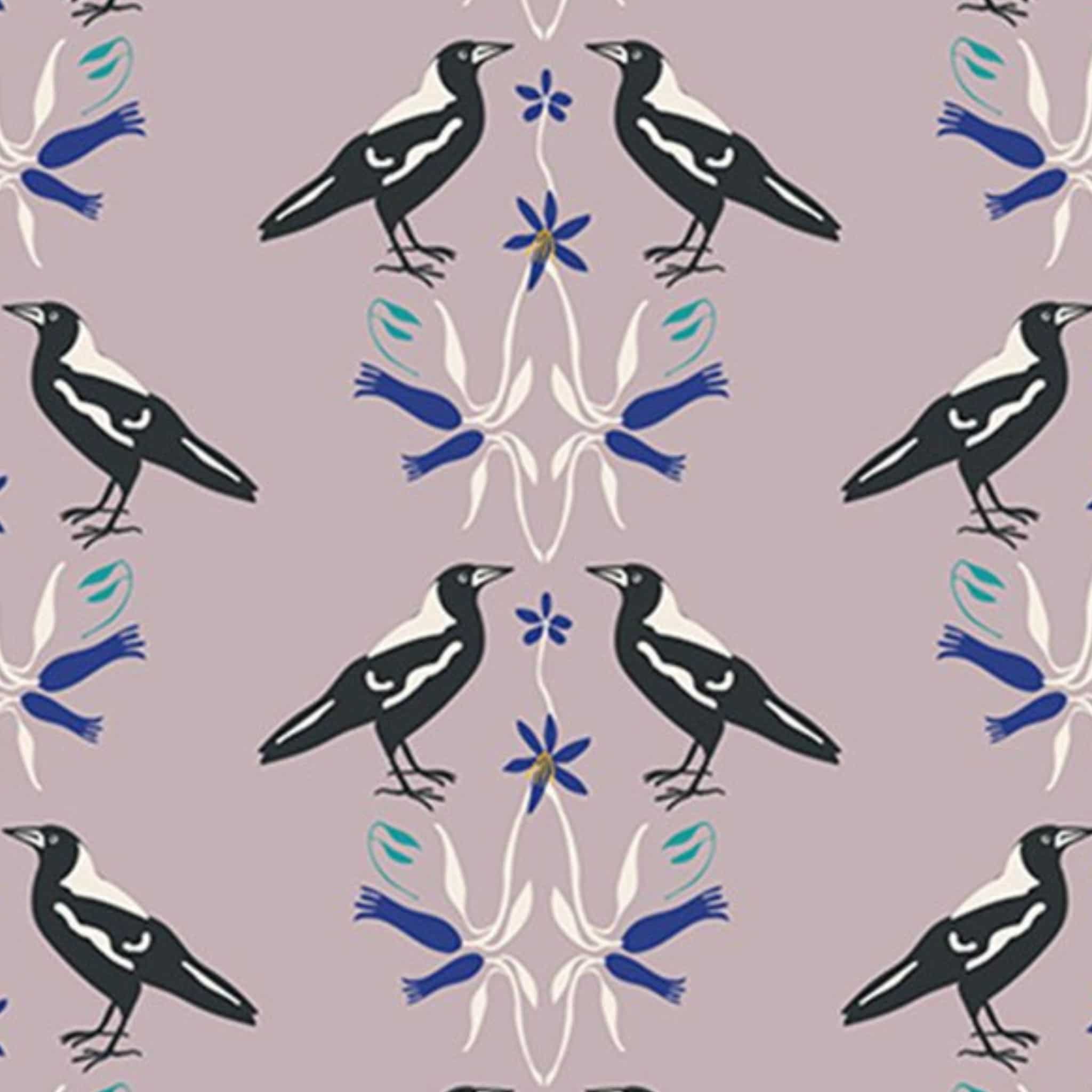 Magpie fabric detail Australiana native bird mirror symmetrical floral taupe cotton quilting patchwork material