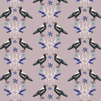 Magpie fabric close-up black white bird perched floral botanical print taupe cotton for Australiana quilting