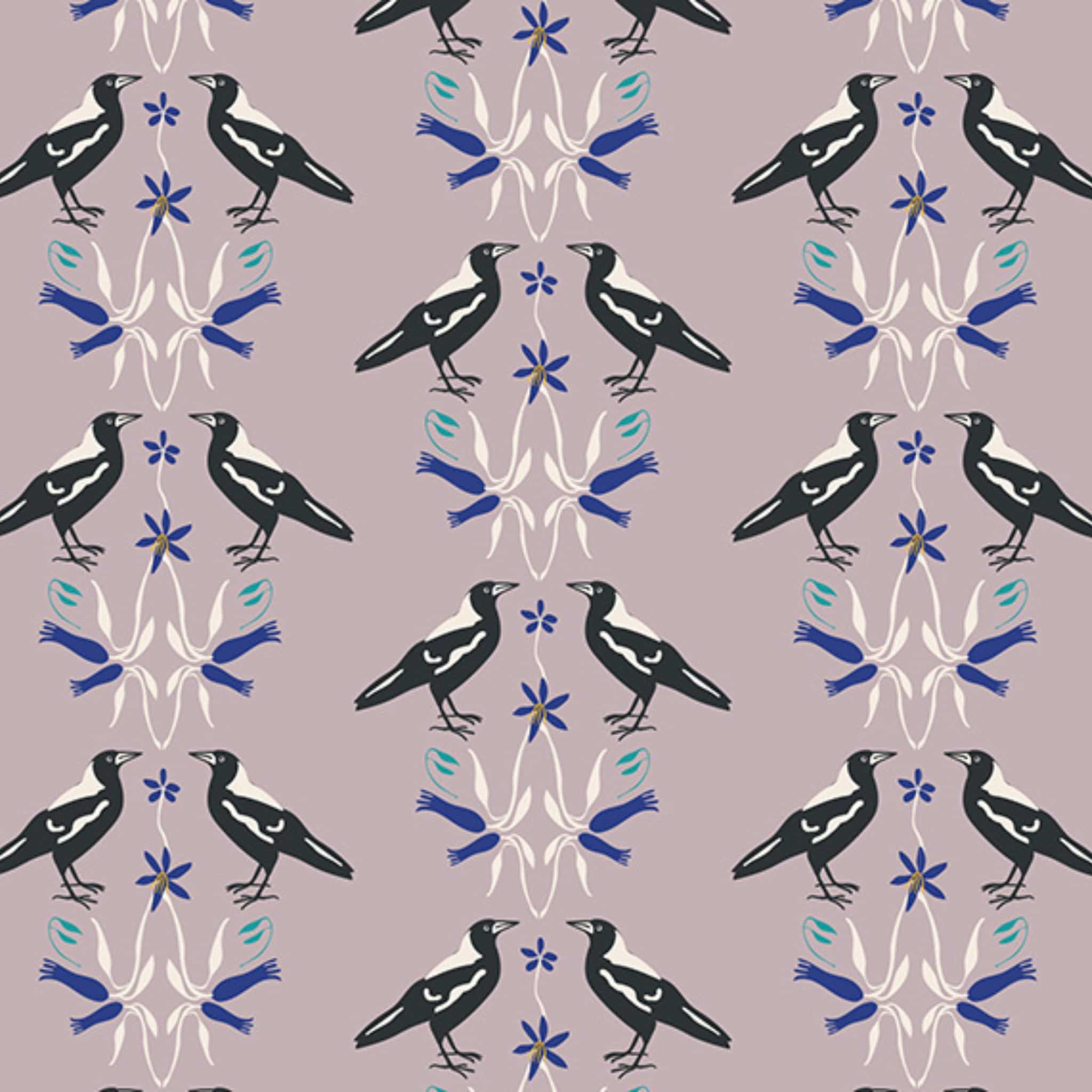 Magpie fabric close-up black white bird perched floral botanical print taupe cotton for Australiana quilting