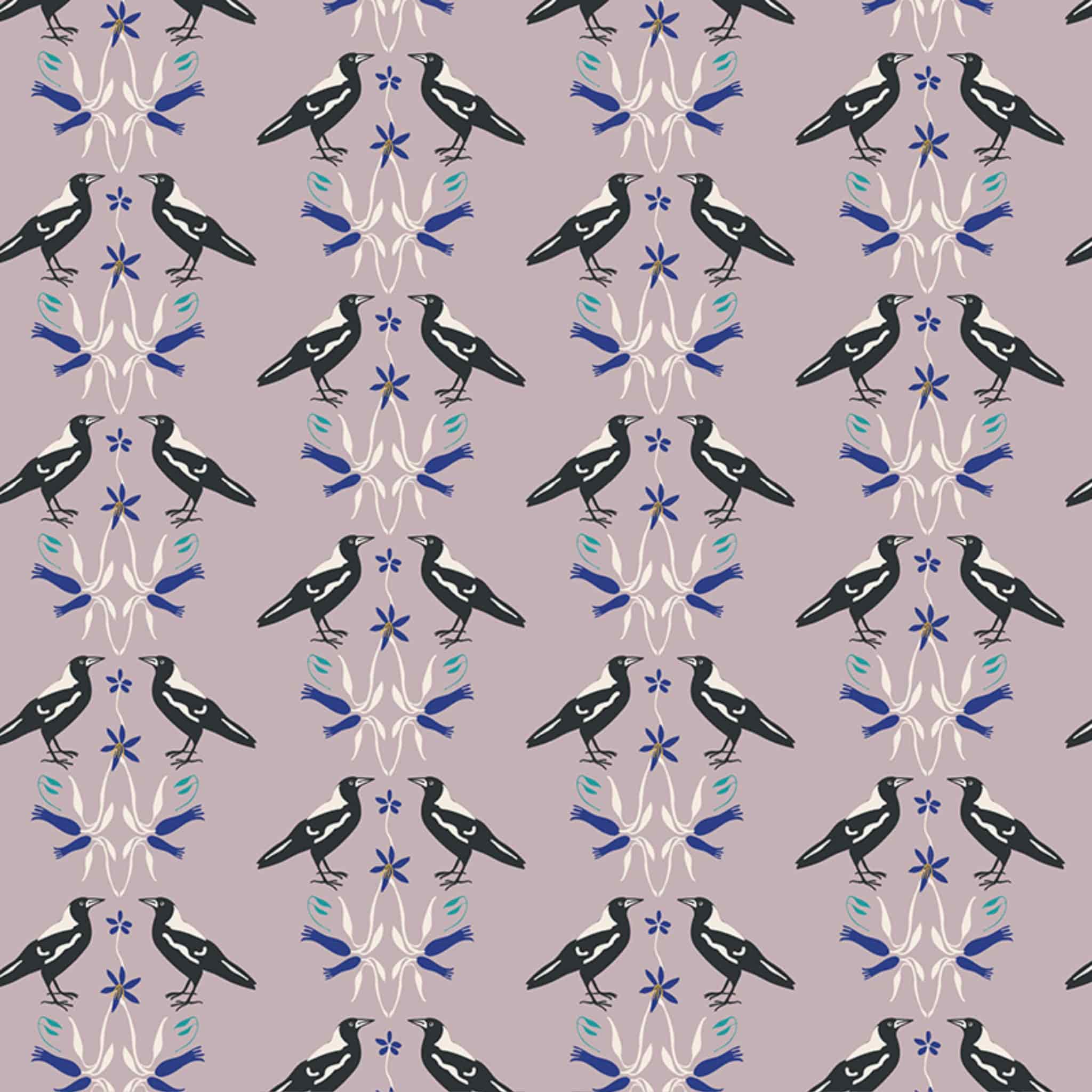 Magpie fabric taupe background Australiana bird floral botanical print cotton for quilting patchwork projects