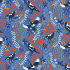 Magpie fabric close-up black white bird floral botanical print blue cotton for Australiana quilting patchwork