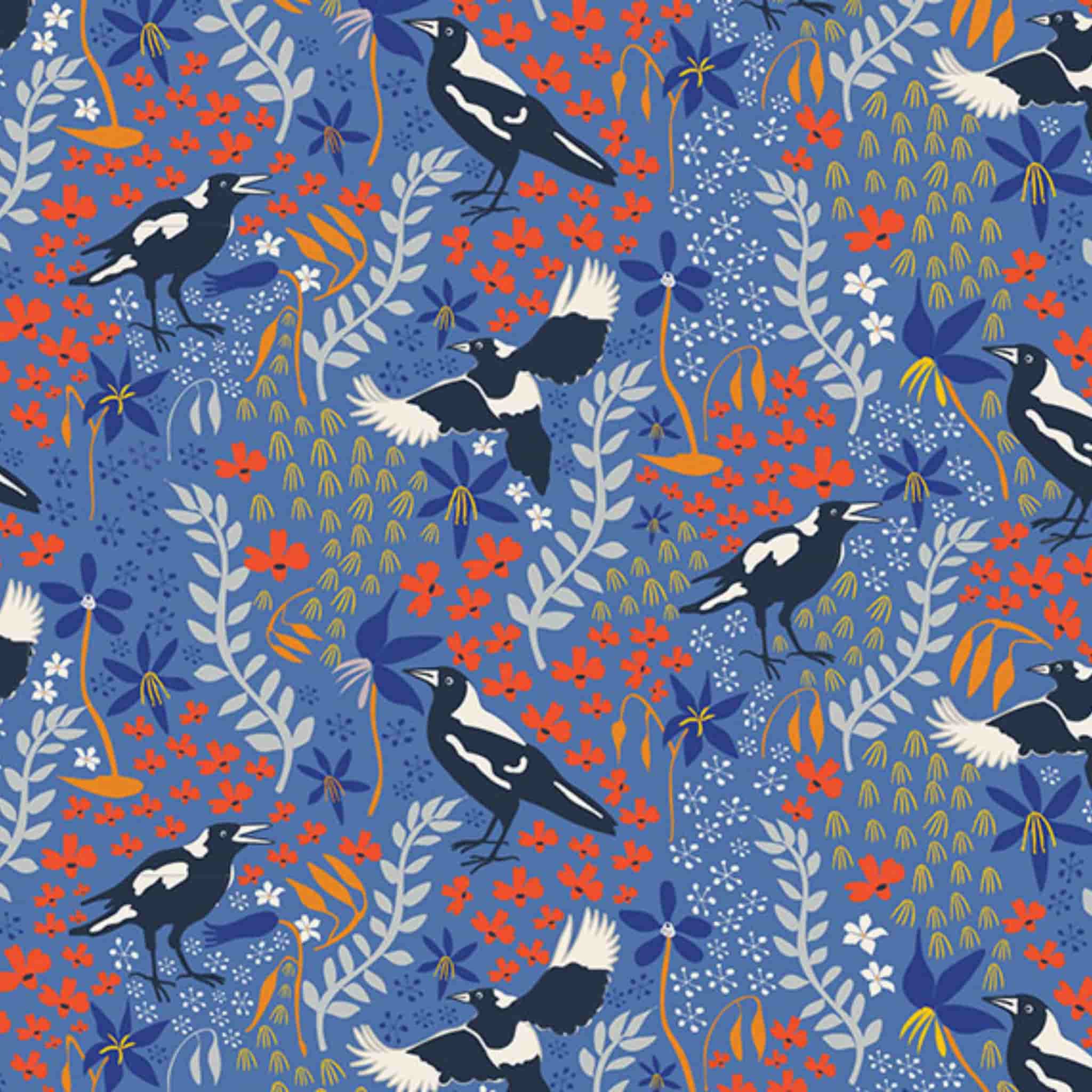 Magpie fabric close-up black white bird floral botanical print blue cotton for Australiana quilting patchwork