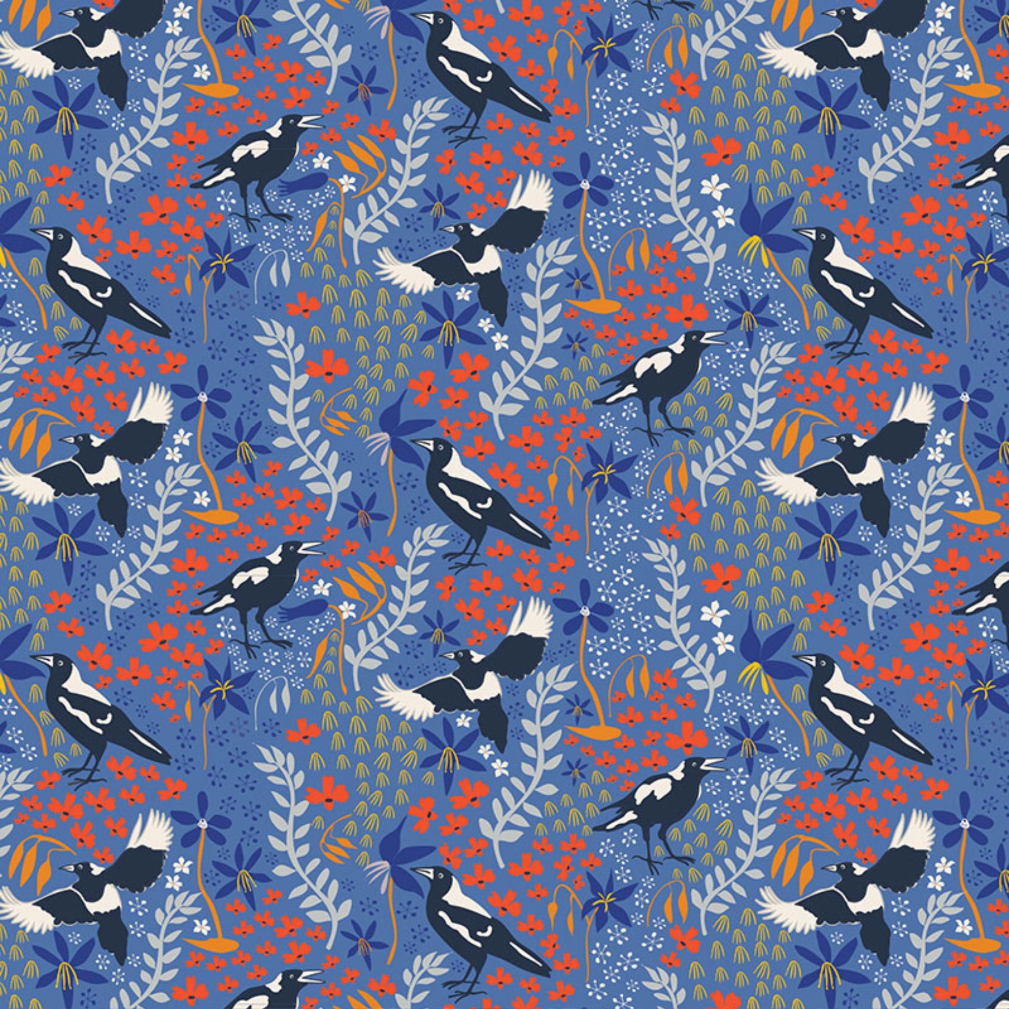Magpie fabric blue background Australiana bird botanical floral print cotton for quilting patchwork projects