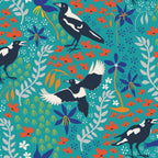 Magpie fabric detail Australiana native bird wings feathers botanical floral turquoise cotton quilting material