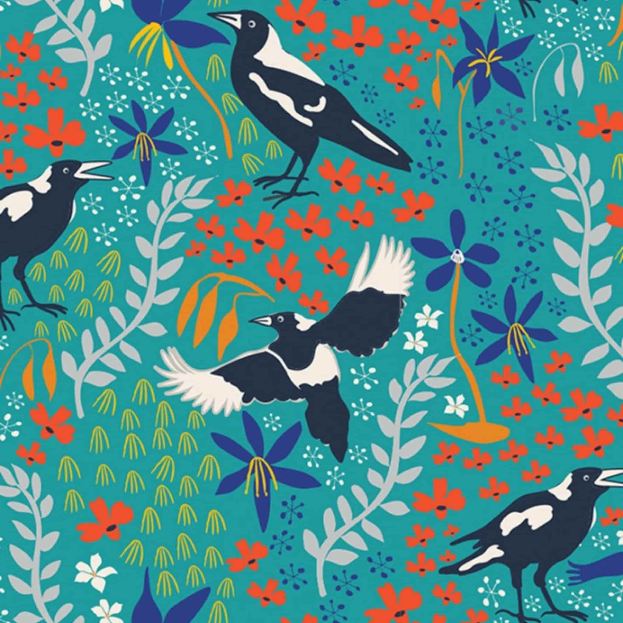 Magpie fabric detail Australiana native bird wings feathers botanical floral turquoise cotton quilting material