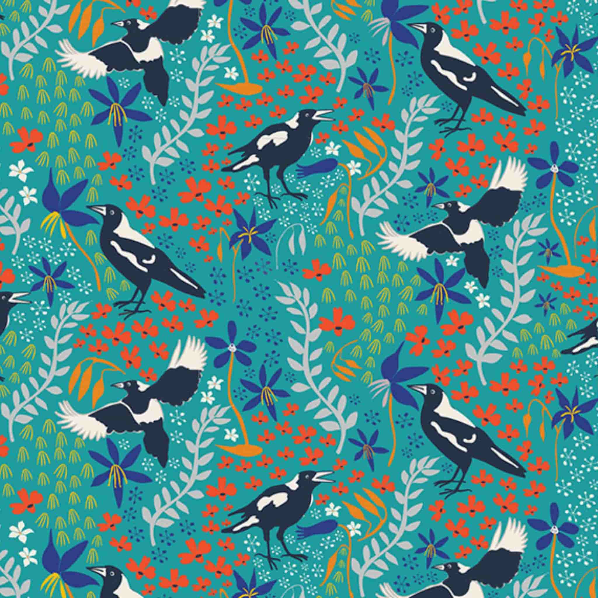Magpie fabric close-up black white bird floral botanical print turquoise cotton for Australiana quilting patchwork