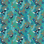 Magpie fabric turquoise background Australiana bird botanical floral print cotton for quilting patchwork projects
