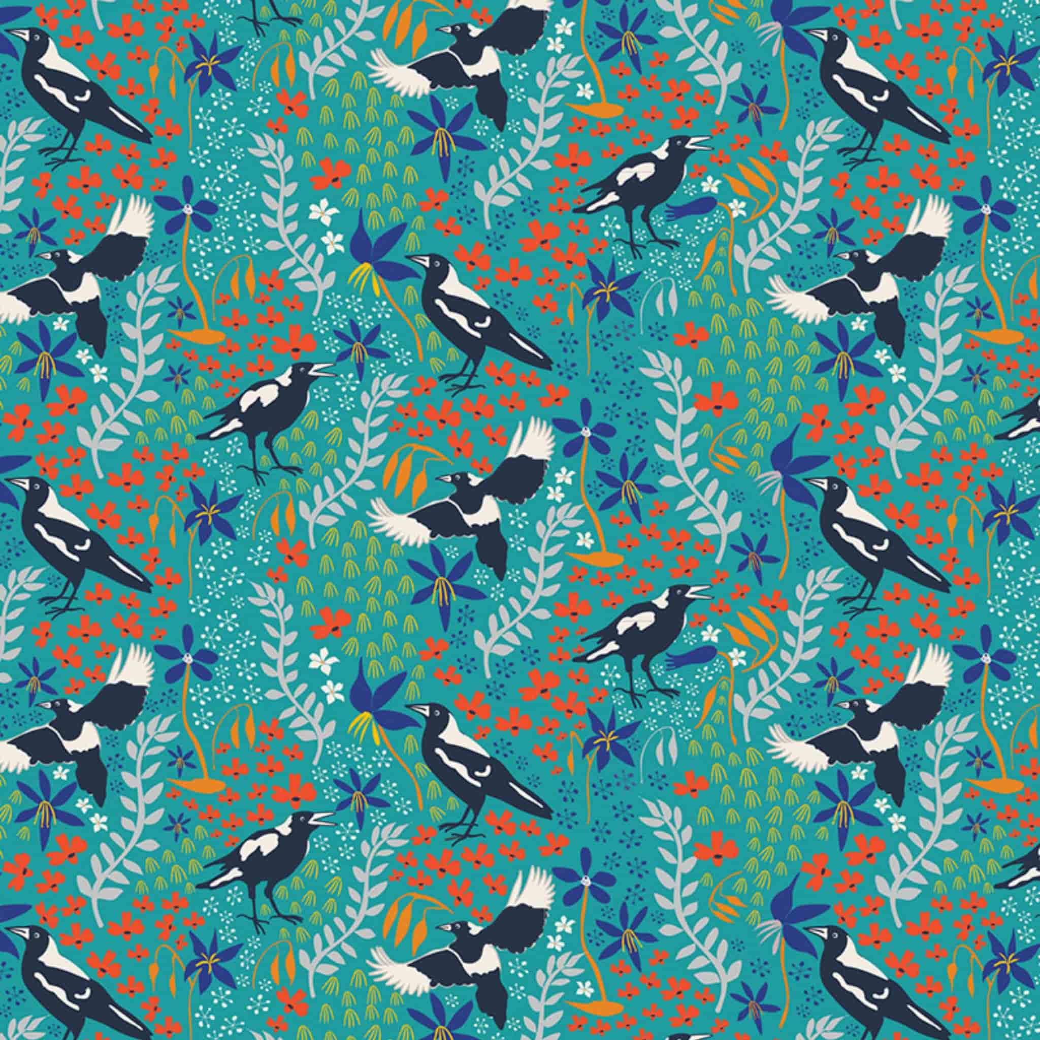 Magpie fabric turquoise background Australiana bird botanical floral print cotton for quilting patchwork projects