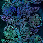 Intricate teal blue floral vine border stripe deep navy background digitally printed quilting fabric Jason Yenter In The Beginning Fabrics