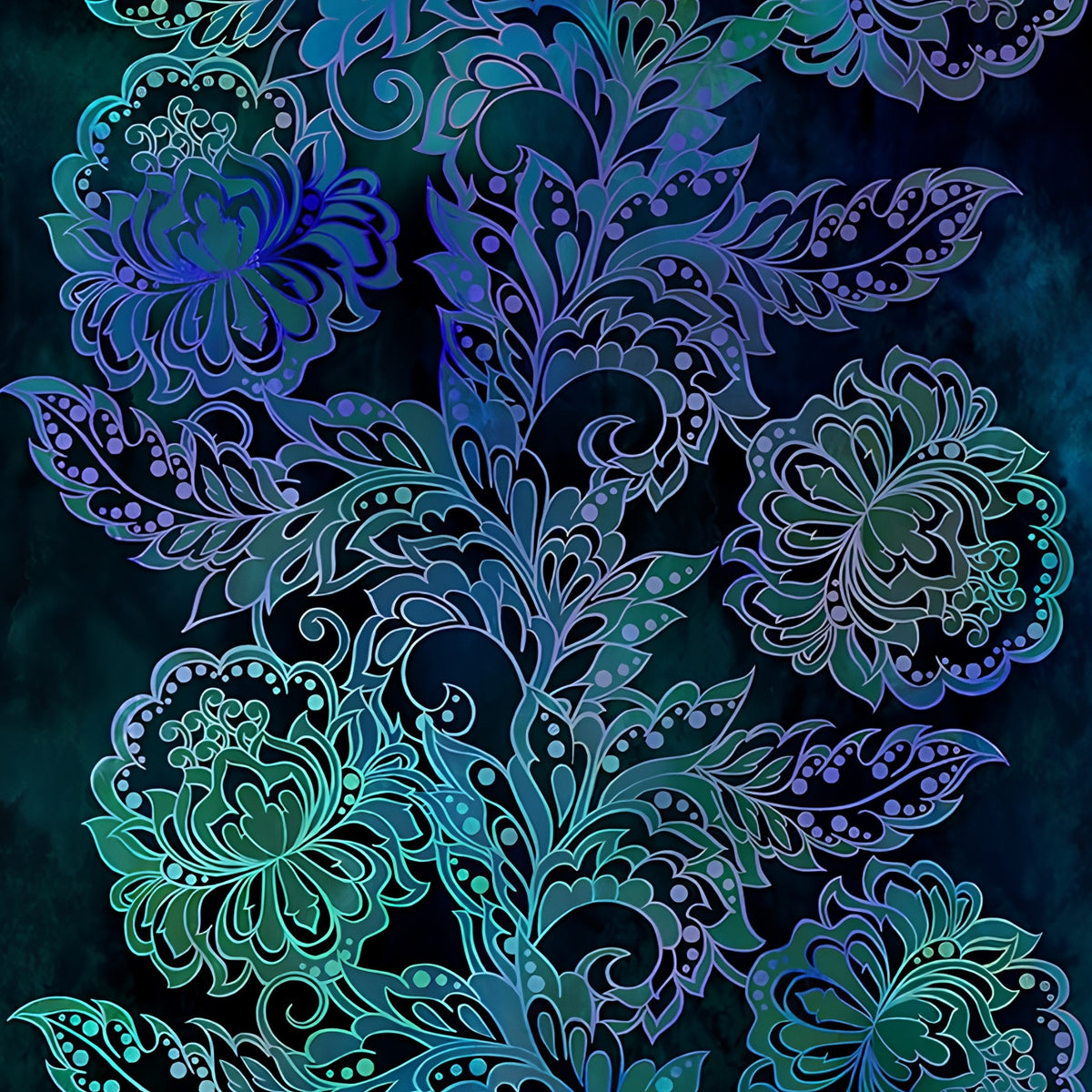 Intricate teal blue floral vine border stripe deep navy background digitally printed quilting fabric Jason Yenter In The Beginning Fabrics