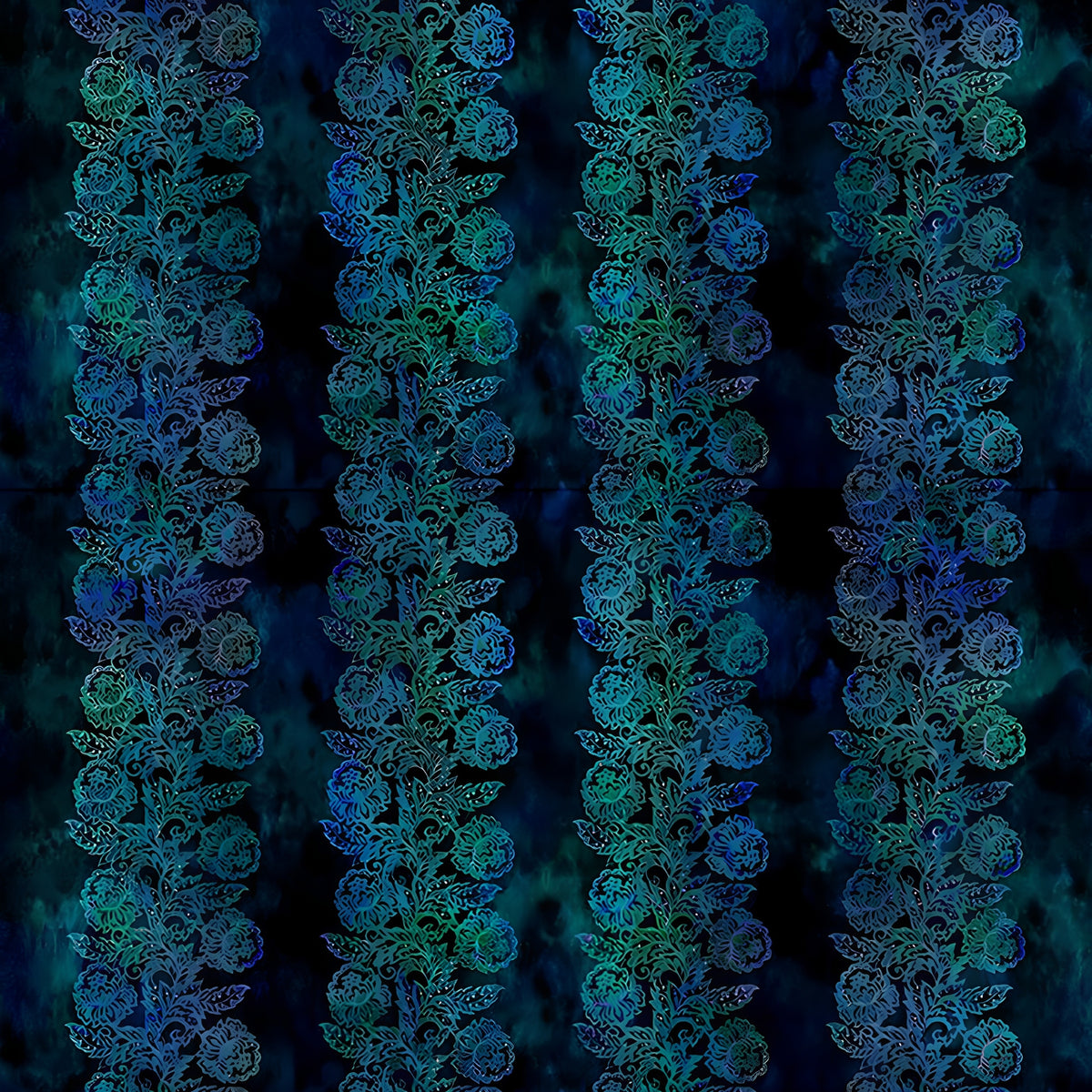 Intricate teal blue floral vine border stripe deep navy background digitally printed quilting fabric Jason Yenter In The Beginning Fabrics