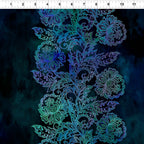 Intricate teal blue floral vine border stripe deep navy background digitally printed quilting fabric Jason Yenter In The Beginning Fabrics