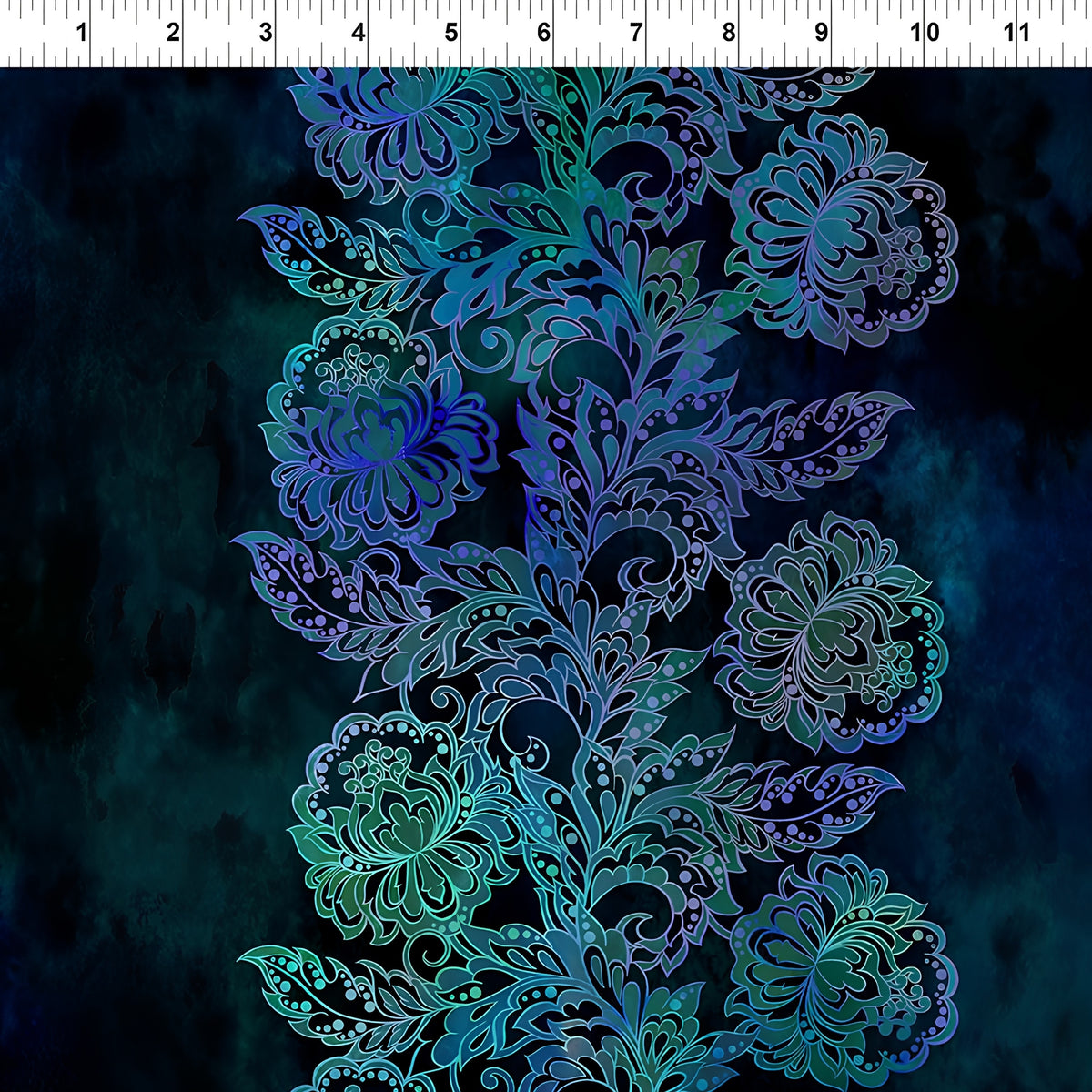 Intricate teal blue floral vine border stripe deep navy background digitally printed quilting fabric Jason Yenter In The Beginning Fabrics