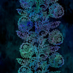 Intricate teal blue floral vine border stripe deep navy background digitally printed quilting fabric Jason Yenter In The Beginning Fabrics