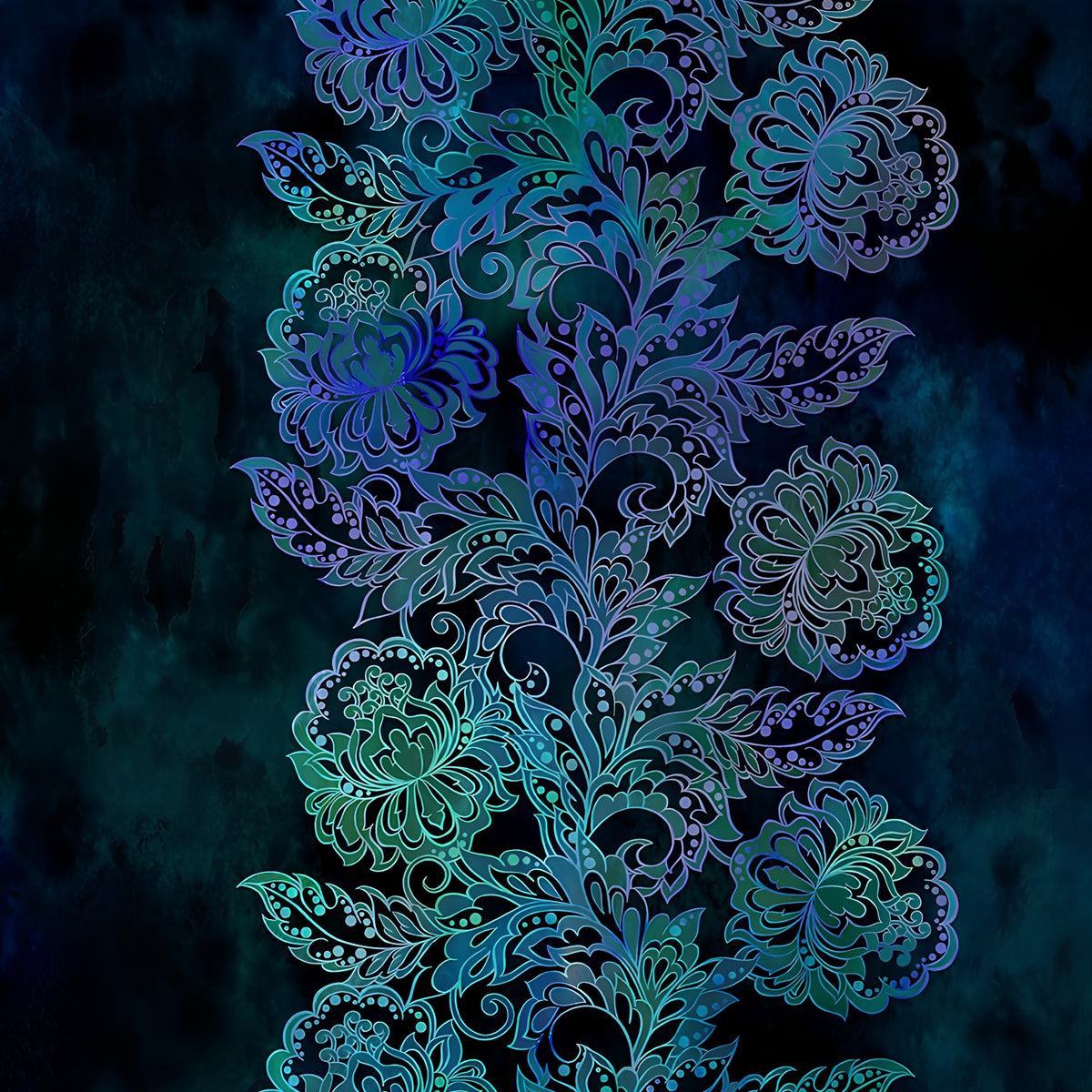 Intricate teal blue floral vine border stripe deep navy background digitally printed quilting fabric Jason Yenter In The Beginning Fabrics