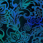 Teal cobalt blue floral scrollwork paisley leaves deep navy background digitally printed brocade quilting fabric Jason Yenter In The Beginning Fabrics