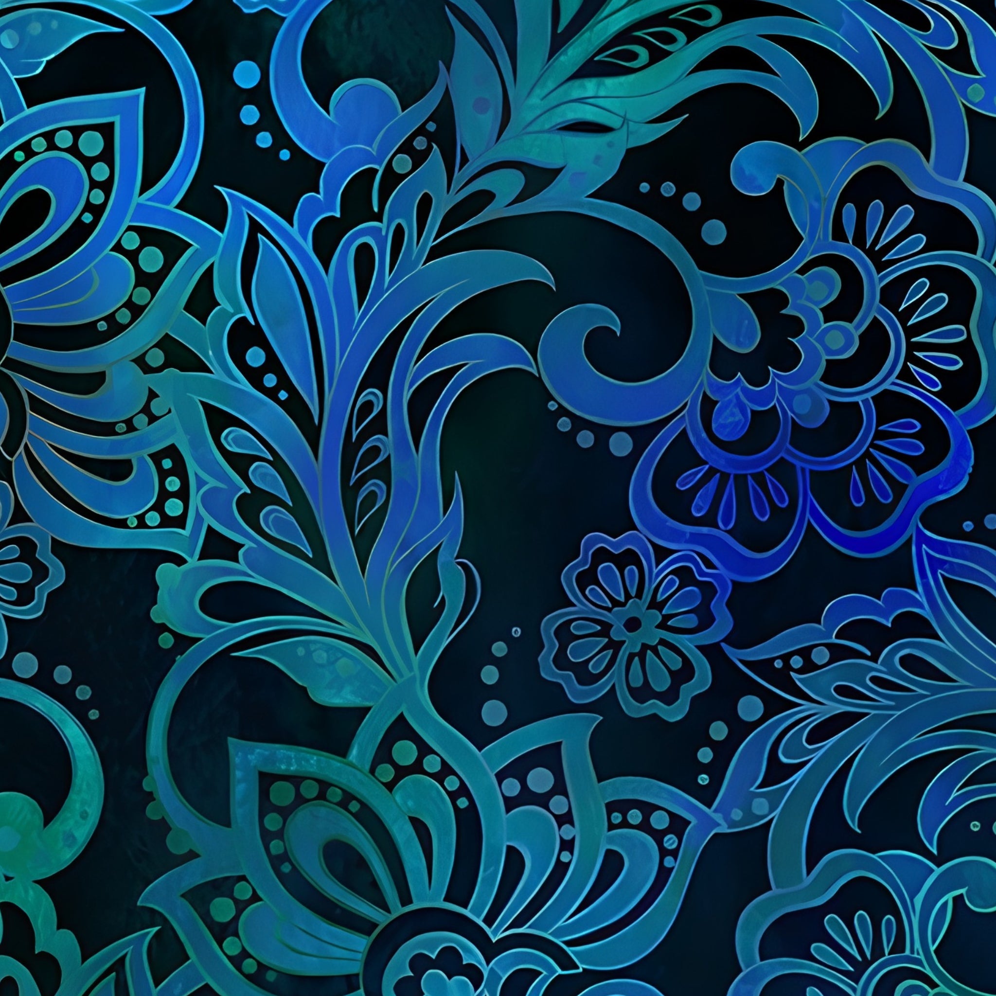 Teal cobalt blue floral scrollwork paisley leaves deep navy background digitally printed brocade quilting fabric Jason Yenter In The Beginning Fabrics