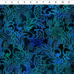 Teal cobalt blue floral scrollwork paisley leaves deep navy background digitally printed brocade quilting fabric Jason Yenter In The Beginning Fabrics
