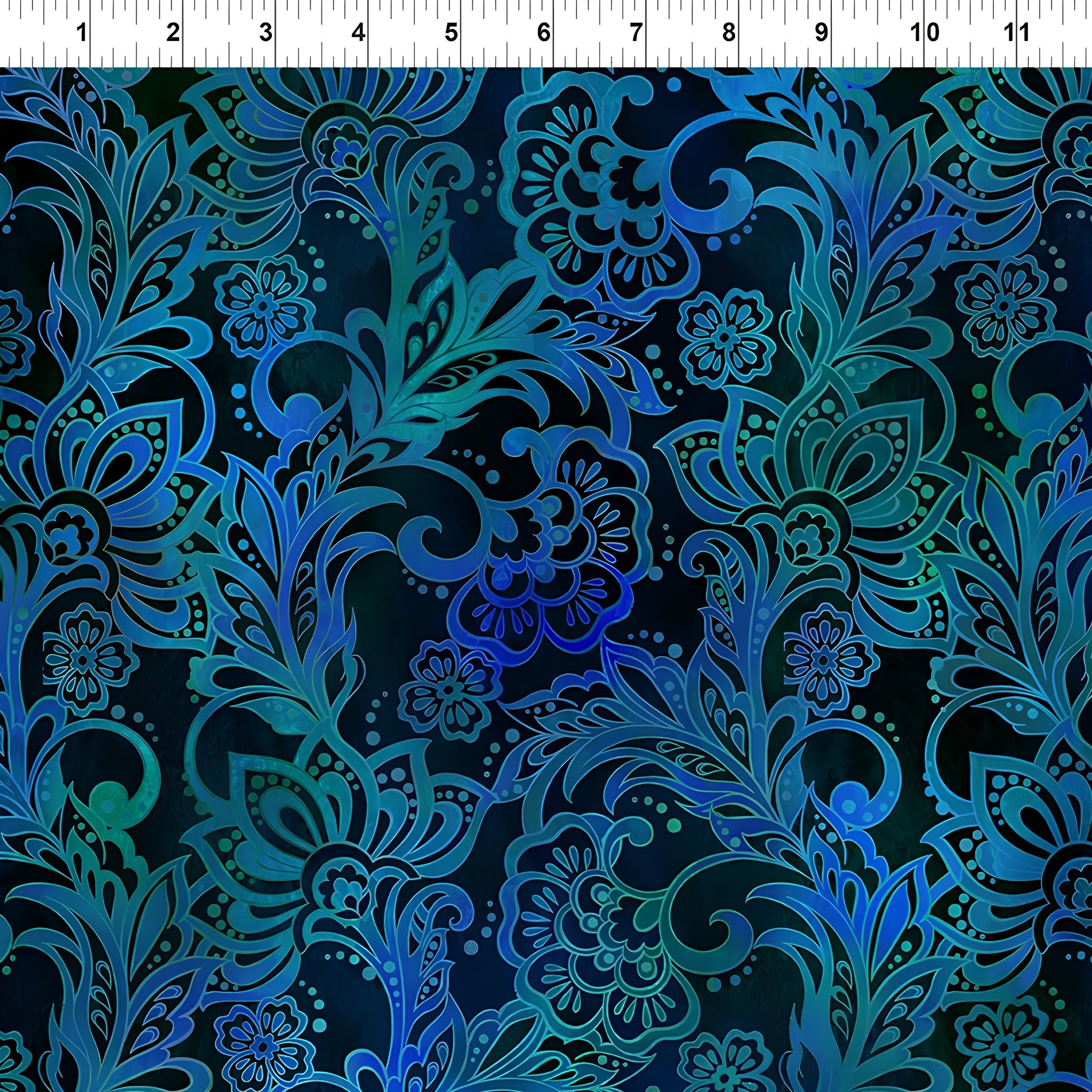 Teal cobalt blue floral scrollwork paisley leaves deep navy background digitally printed brocade quilting fabric Jason Yenter In The Beginning Fabrics
