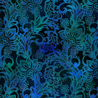 Teal cobalt blue floral scrollwork paisley leaves deep navy background digitally printed brocade quilting fabric Jason Yenter In The Beginning Fabrics