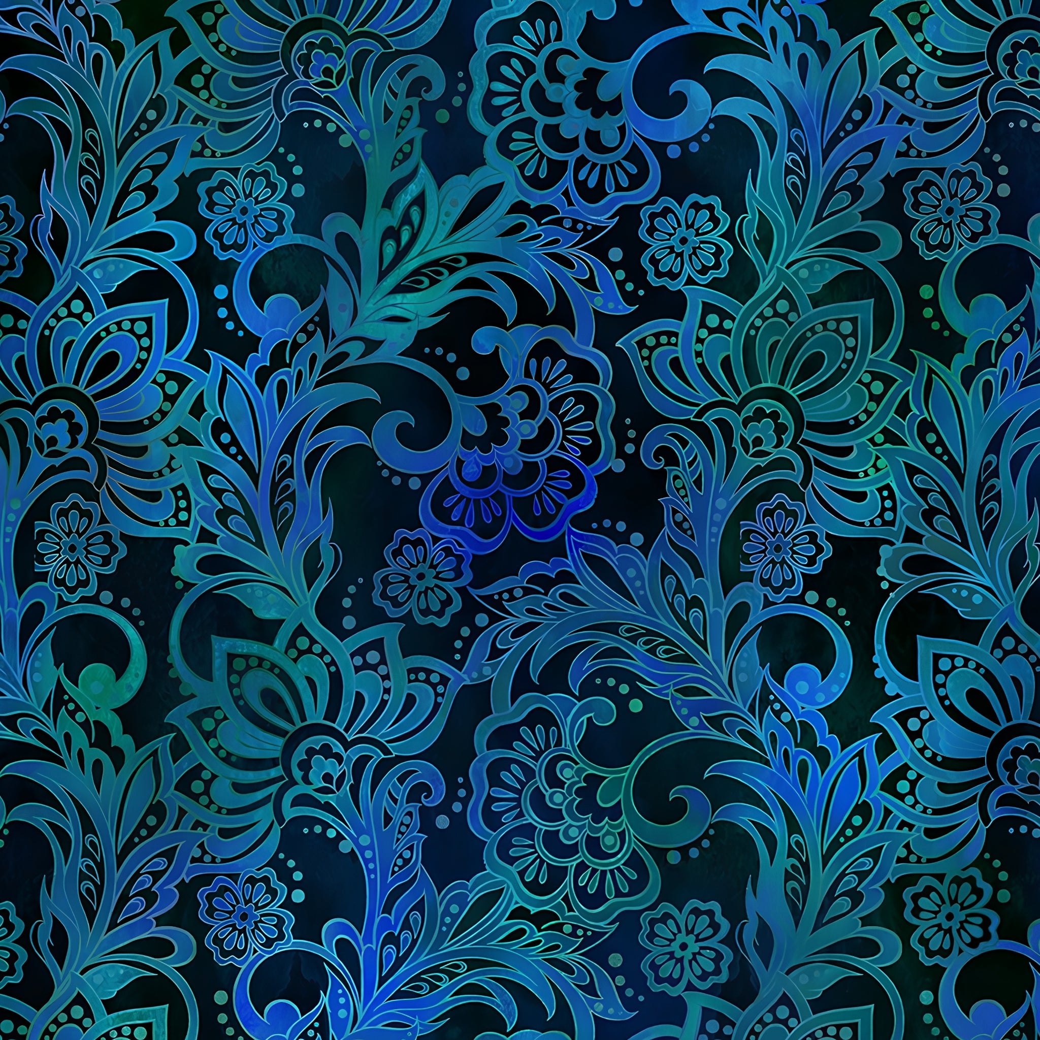 Teal cobalt blue floral scrollwork paisley leaves deep navy background digitally printed brocade quilting fabric Jason Yenter In The Beginning Fabrics